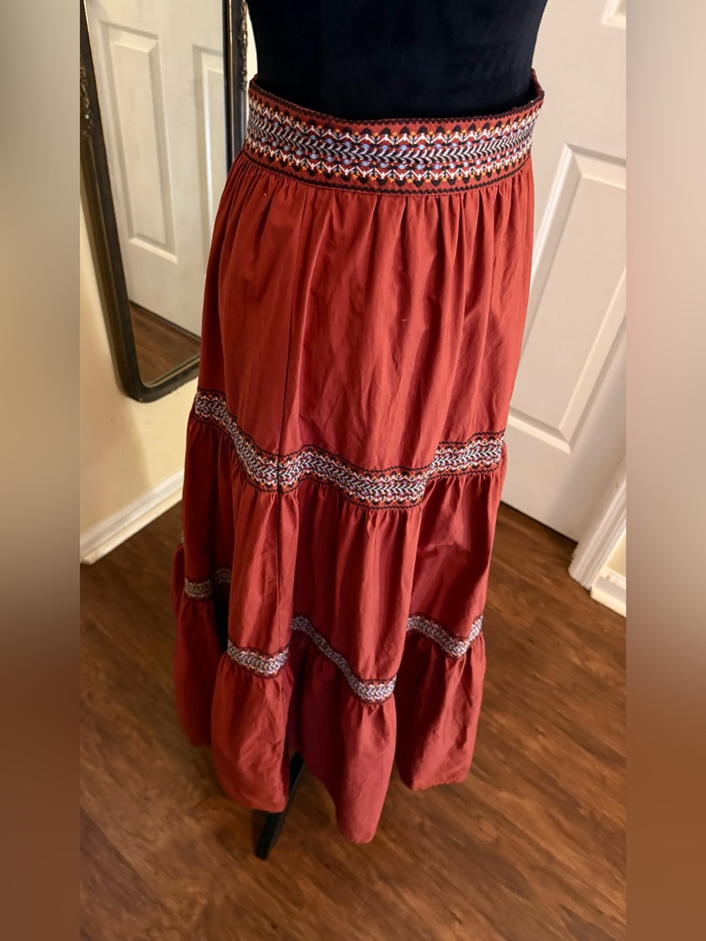 A Loves A 3 Tiered Boho Maxi Skirt Rust Orange Embroidered Festival Cottagecore - Picture 5 of 8